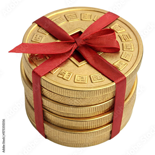 Gold Coins with Red Ribbon Isolated on Transparent Background photo