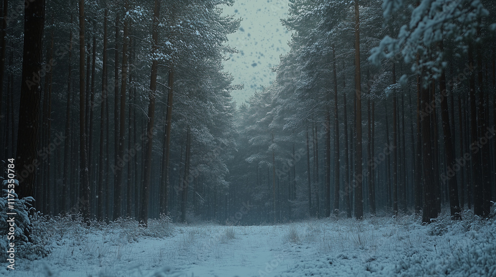 Naklejka premium A serene snow-covered forest with tall pine trees dusted in snow. Background, winter mood,