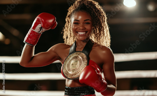 Boxer celebrating victory with championship belt, smiling confidently in ring photo