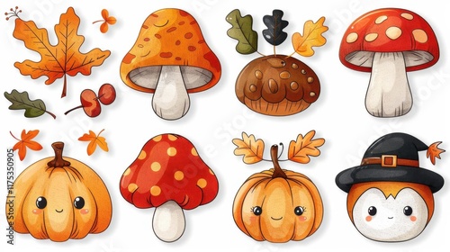 Autumn Clipart: Cute Pumpkins, Mushrooms & Leaves photo