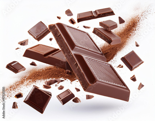 Dark organic chocolate pieces isolated on white background