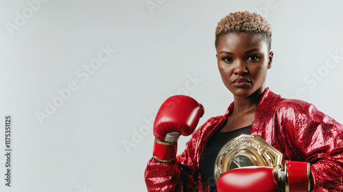 Empowered woman in boxing gloves and championship belt, ready to fight photo