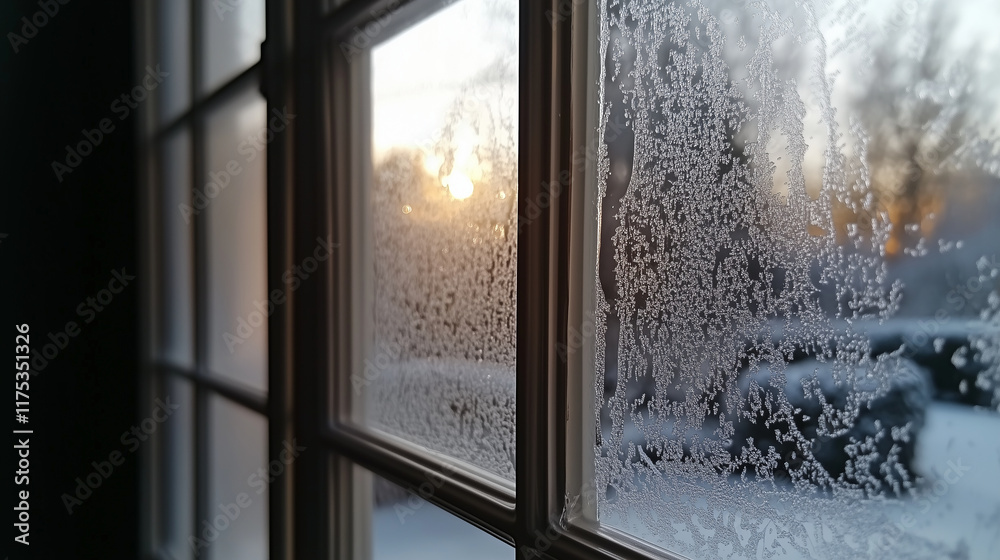 Fototapeta premium A frosty windowpane with intricate ice patterns. Background, winter mood,