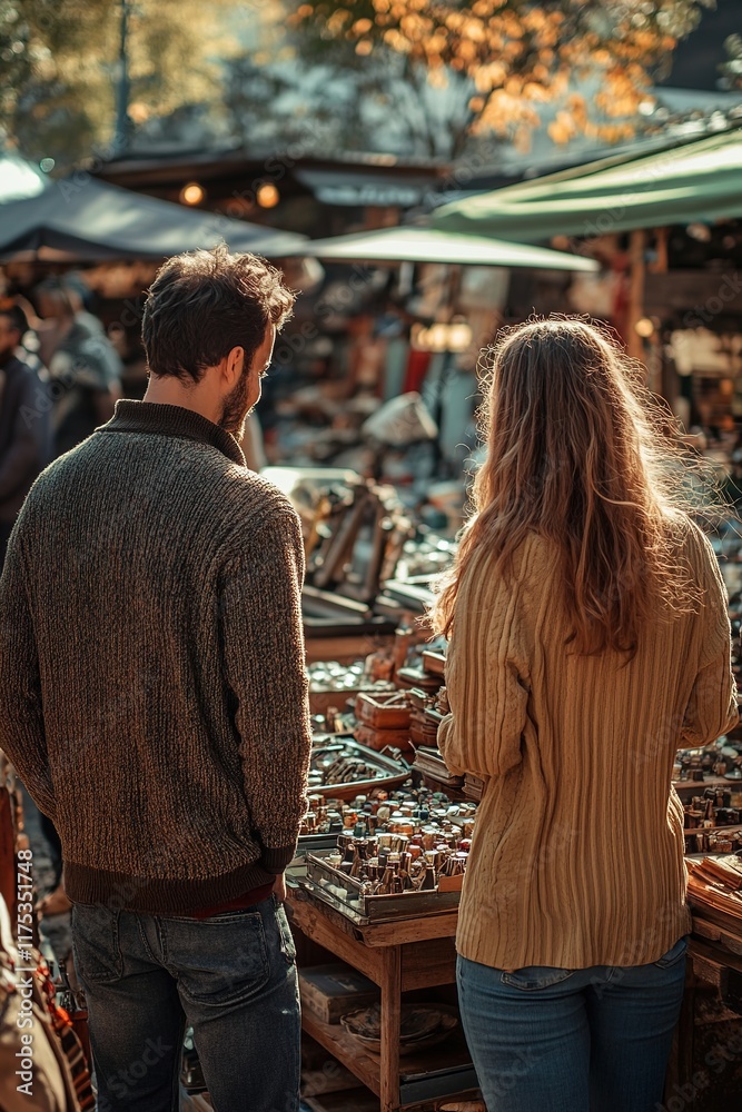 Fototapeta premium Couple exploring vibrant market stalls filled with eclectic trea