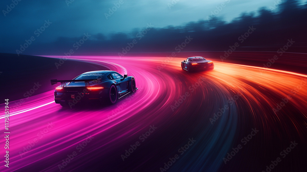 A race car speeds around a track, emitting pink smoke, with motion blur emphasizing its high speed. A race car speeds around a track, emitting pink smoke, with motion blur emphasizing its high speed.