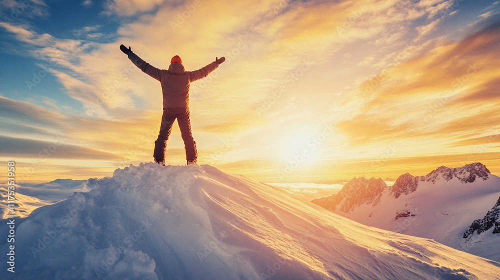 Triumphant Sunset Ascent: A Climber's Victory on a Snowy Peak Triumphant Sunset Ascent: A Climber's Victory on a Snowy Peak
