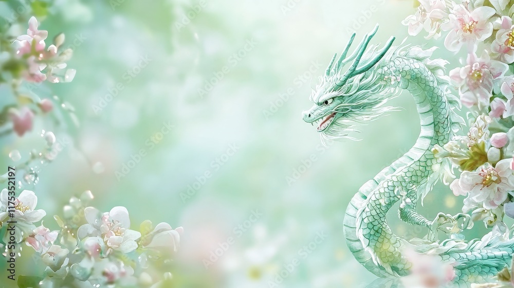 Fototapeta premium Serene jade dragon amidst blossoming spring flowers
