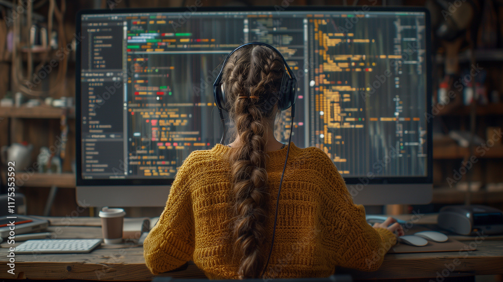 Obraz premium Focused Developer Working on Code in a Cozy Workspace..