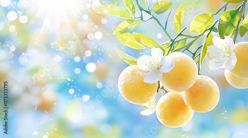 Sunlit citrus branch, blossoms, ripening fruit