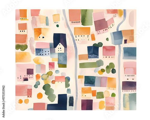 Dreamy Watercolor Cityscape Wall Print in Pastel Tones On Transparent Background