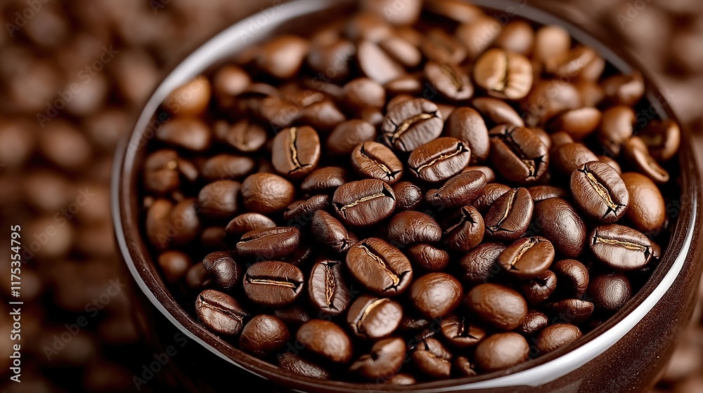 Fototapeta premium Dark roasted coffee beans scattered across a surface highlighting their rich color and texture in a cozy kitchen setting, brown trendy color, mocha mousse style