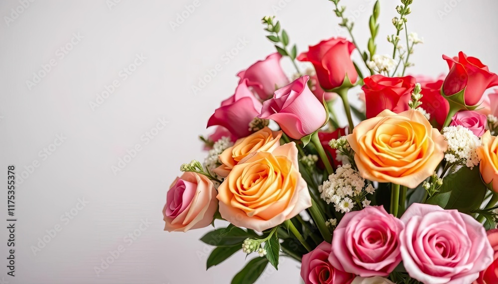 Colorful roses bouquet against light background; gift, celebration Colorful roses bouquet against light background; gift, celebration