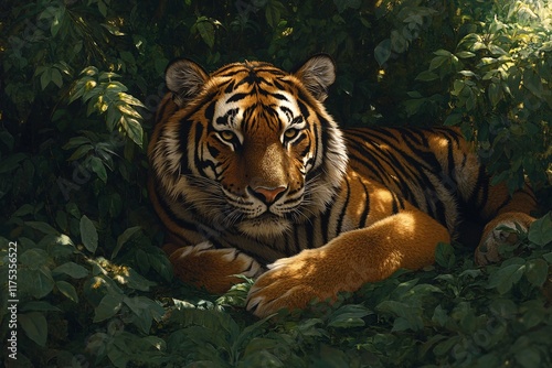 A tiger resting in the shade of a dense forest, surrounded by lush greenery and soft sunlight, realistic