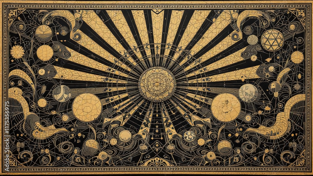 Obraz premium Stunning Scratchboard Art Displaying Celestial Elements in Golden and Black