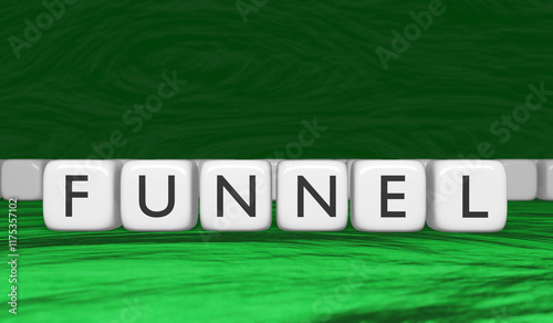 Funnel word on white cubes in black letters on a green background. 3d rendering