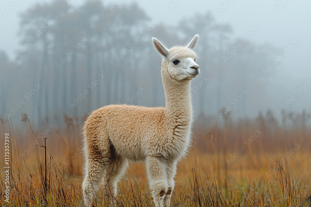 Fototapeta premium Young Alpaca Stands in Foggy Field