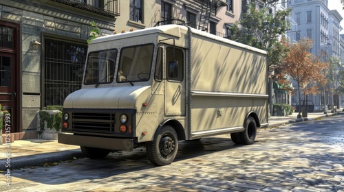Beige Delivery Truck Parked on City Street