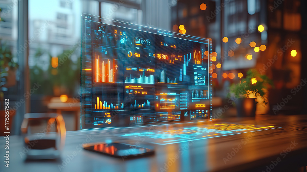 Fototapeta premium SWOT Analysis of Company Financials with Augmented Reality in Modern Office