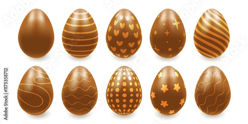 A set of chocolate Easter eggs with gold patterns on a white background. 3d Vector illustration