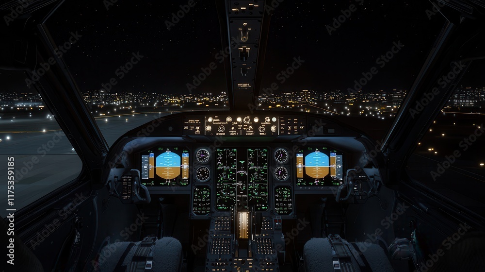 Fototapeta premium A nighttime cockpit view of an aircraft, showcasing various instruments and illuminated displays against a backdrop of city lights.