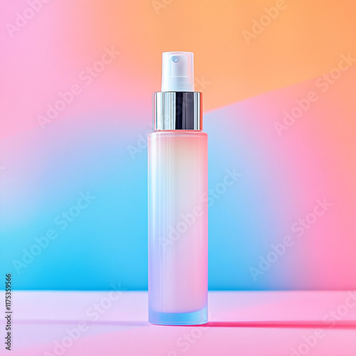A pastel-colored pump bottle is placed on a pastel color geometric pedestal against a vibrant background.
