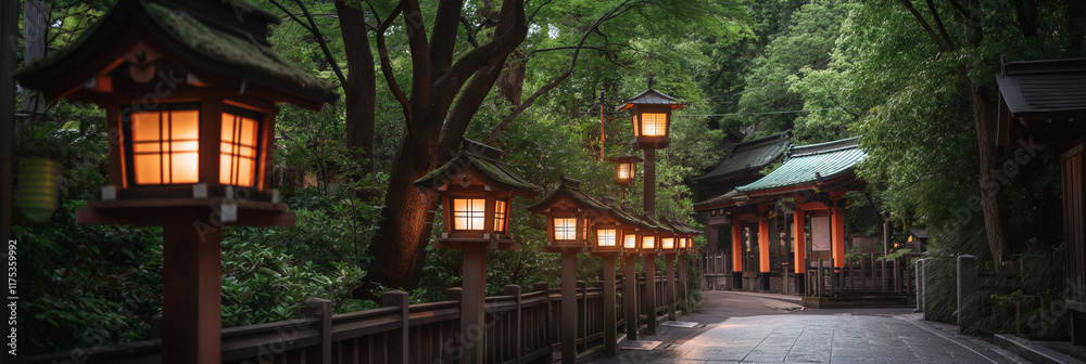 A tranquil path flanked by glowing traditional lanterns leads through lush forest and towards a cultural shrine, creating a peaceful and mystical atmosphere. A tranquil path flanked by glowing traditional lanterns leads through lush forest and towards a cultural shrine, creating a peaceful and mystical atmosphere.