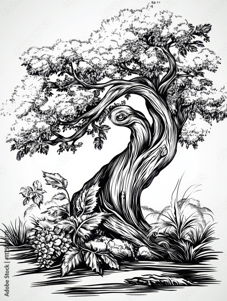 Fototapeta premium Ancient Twisted Tree by Stream - Majestic tree, gnarled trunk, flowing stream, lush foliage, serene nature. Symbolizing: age, strength, tranquility, growth, resilience.