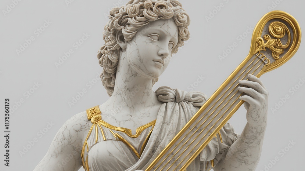 Obraz premium A detailed statue of a woman holding a lyre, adorned with gold accents, showcasing classical artistry and musical themes.