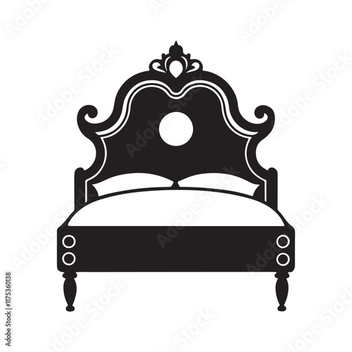 Elegant Black and White Ornate Bed Illustration. Bed Furniture icon vector. Bed Furniture silhouette isolated white background. Vector Illustration.