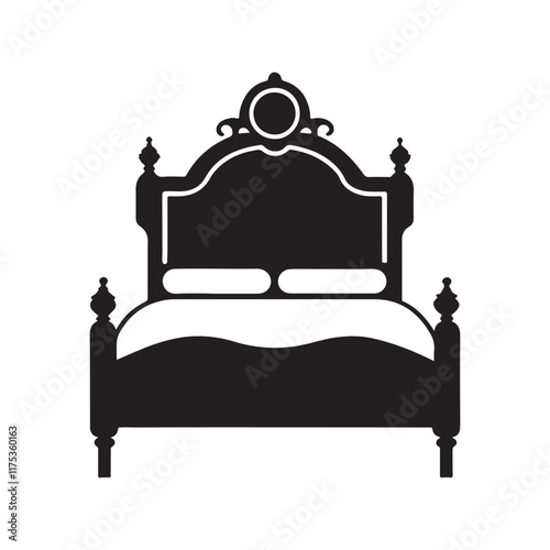 Elegant Black and White Ornate Bed Illustration. Bed Furniture icon vector. Bed Furniture silhouette isolated white background. Vector Illustration.