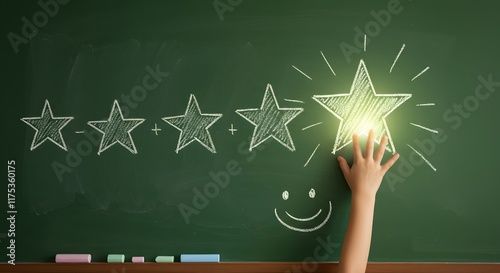 Hand reaching glowing star on chalkboard to emphasize feedback and excellence in service with creative education style