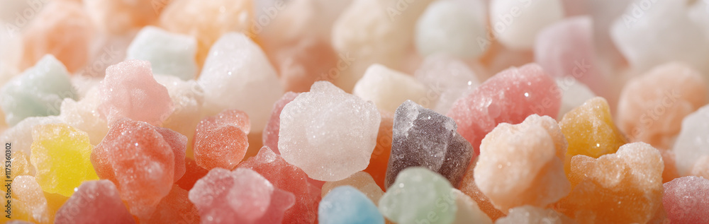 Fototapeta premium A vibrant array of sugar candies in pastel colors is captured in close-up, highlighting their sugary texture and delightful variety, evoking sweetness and joy.