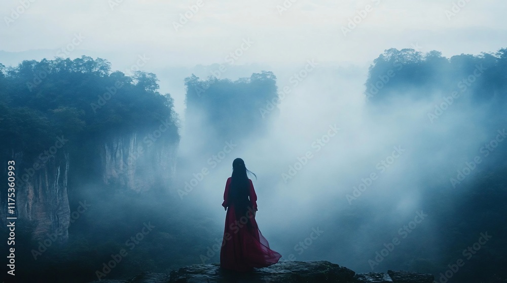 Solitude Amidst Misty Mountains: A Woman in Red Contemplates the Enigmatic Landscape Solitude Amidst Misty Mountains: A Woman in Red Contemplates the Enigmatic Landscape