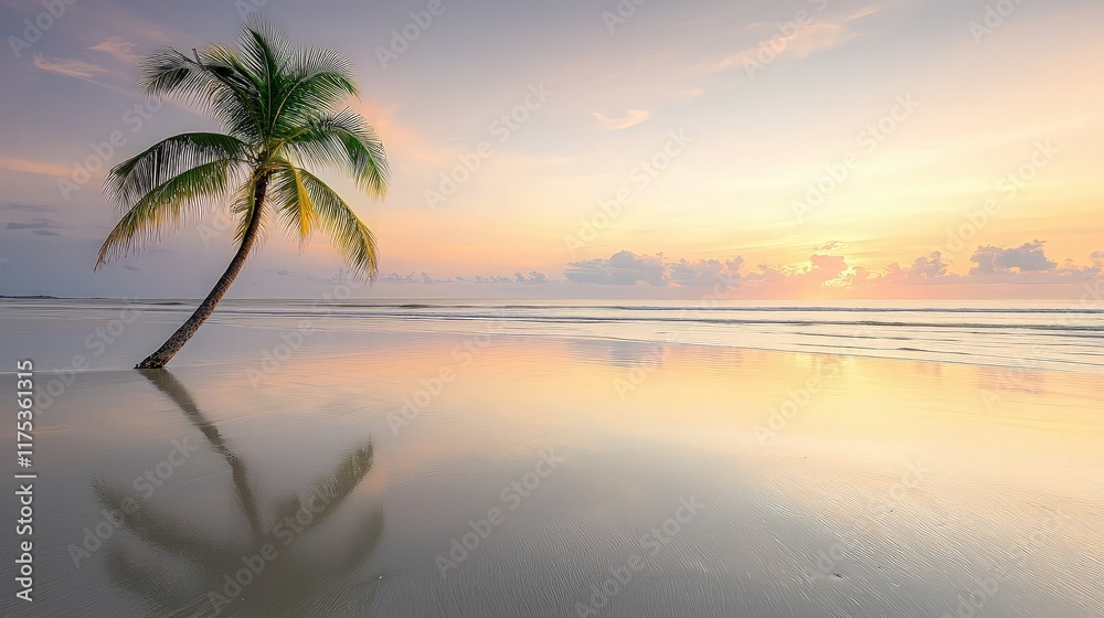 Fototapeta premium Tropical beach sunrise, palm tree reflection, calm ocean. Vacation postcard.