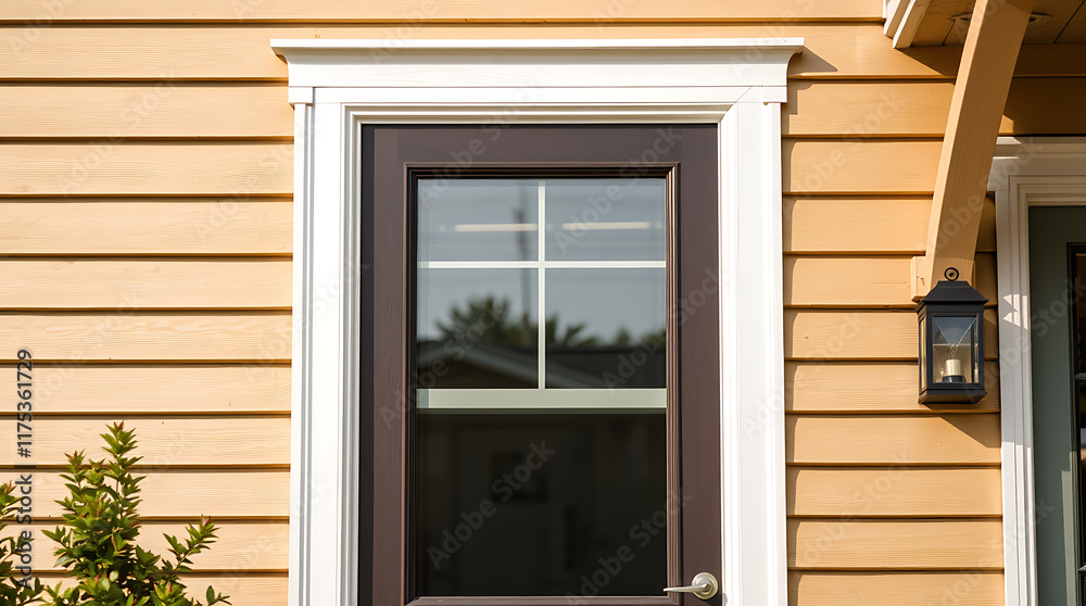 Exterior view of a brown door with a white frame and six-pane window, set into light brown clapboard siding. A small exterior lantern is visible to the right. Exterior view of a brown door with a white frame and six-pane window, set into light brown clapboard siding. A small exterior lantern is visible to the right.