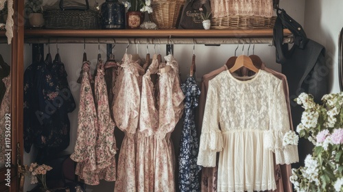 A Romantic Closet Filled with Vintage Dresses and Accessories photo