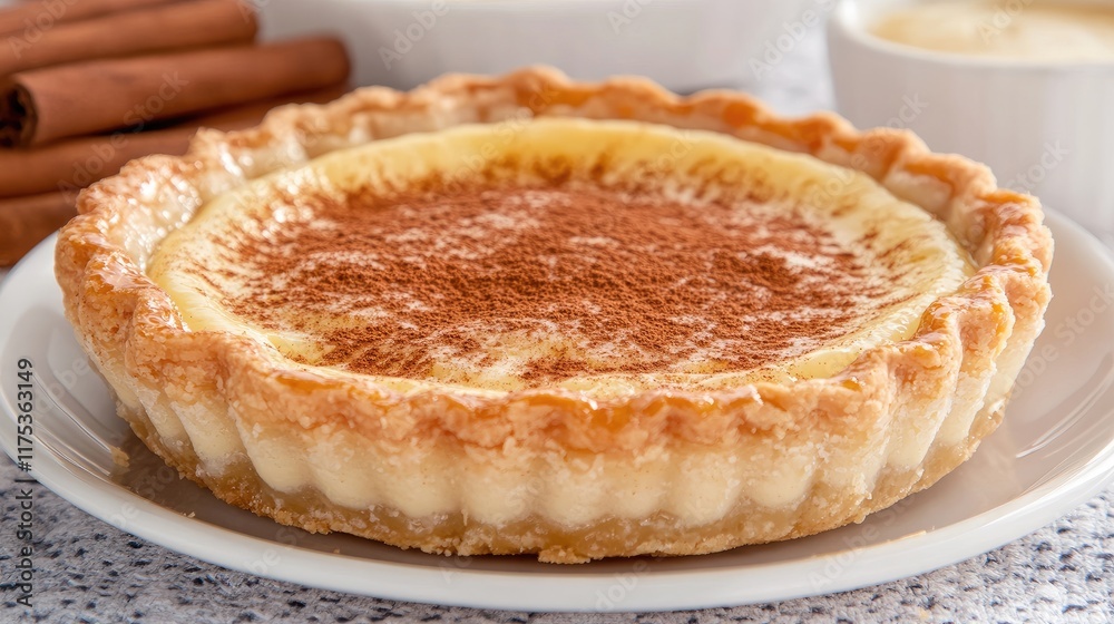Creamy custard tart dusted with cocoa powder