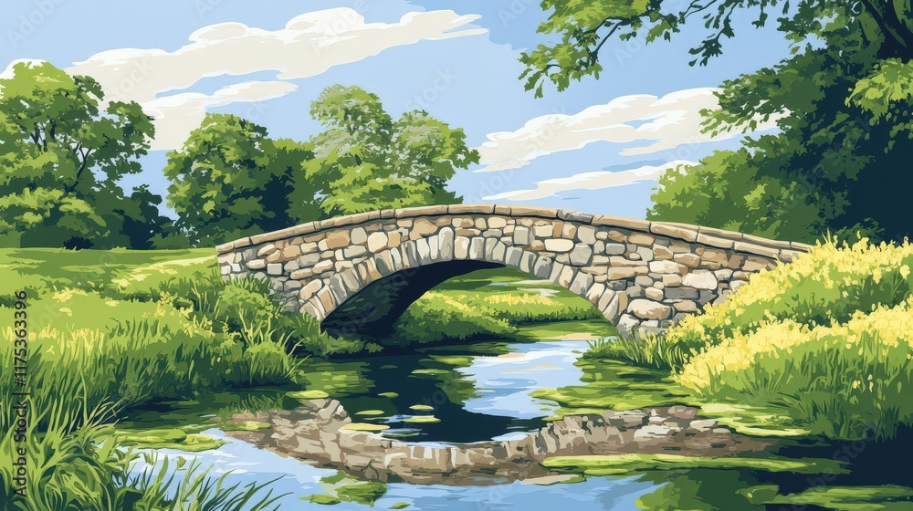 Stone Bridge Arching Over Tranquil Stream in Lush Green Landscape Stone Bridge Arching Over Tranquil Stream in Lush Green Landscape