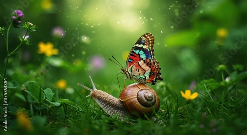A digitally created image depicting a snail and a vibrantly colored butterfly in a meadow filled with wildflowers