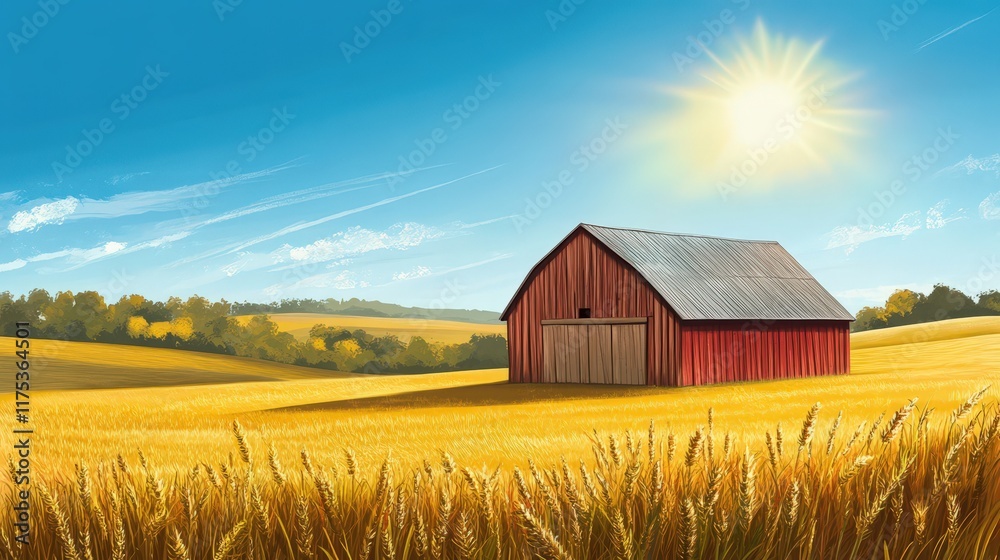 Red Barn in Golden Wheat Field Under Sunny Sky Red Barn in Golden Wheat Field Under Sunny Sky