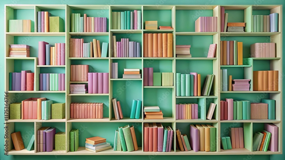 Pastel Bookshelf: Mint Green Aesthetic Aerial View Stock Photo Pastel Bookshelf: Mint Green Aesthetic Aerial View Stock Photo