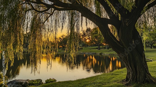 Weeping willow sunset pond reflection peaceful landscape nature scene.