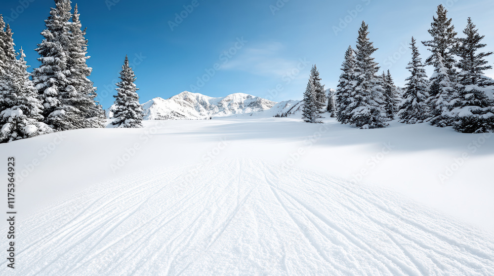 serene snowy winter landscape with tall evergreen trees and mountains serene snowy winter landscape with tall evergreen trees and mountains