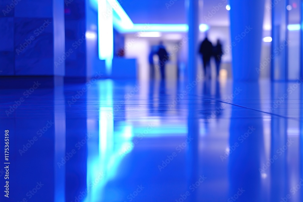 Fototapeta premium Exploring Blue-Lit Hallways: Architectural Design with Reflective Floors and Subtle Lighting, Modern Interior Spaces with Clean Lines