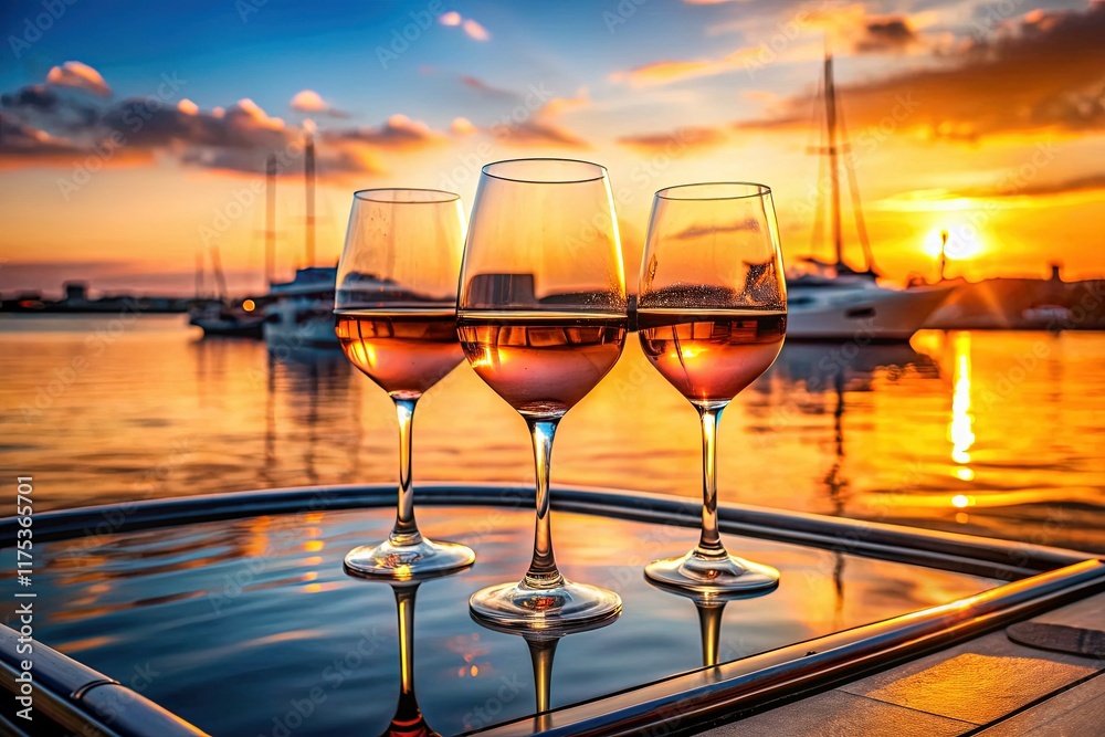 Obraz premium Romantic Sunset Yacht Wine: Three Rose Wine Glasses on Deck, Cityscape Blur