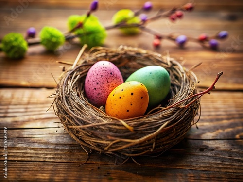 Rustic Easter Still Life: Single Egg in Nest, Three Eggs on Wooden Table photo