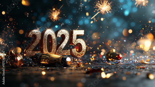 Vibrant '2025' celebration with bold glowing text surrounded by colorful fireworks and festive sparkles