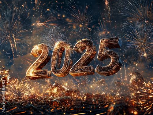 Vibrant '2025' celebration with bold glowing text surrounded by colorful fireworks and festive sparkles