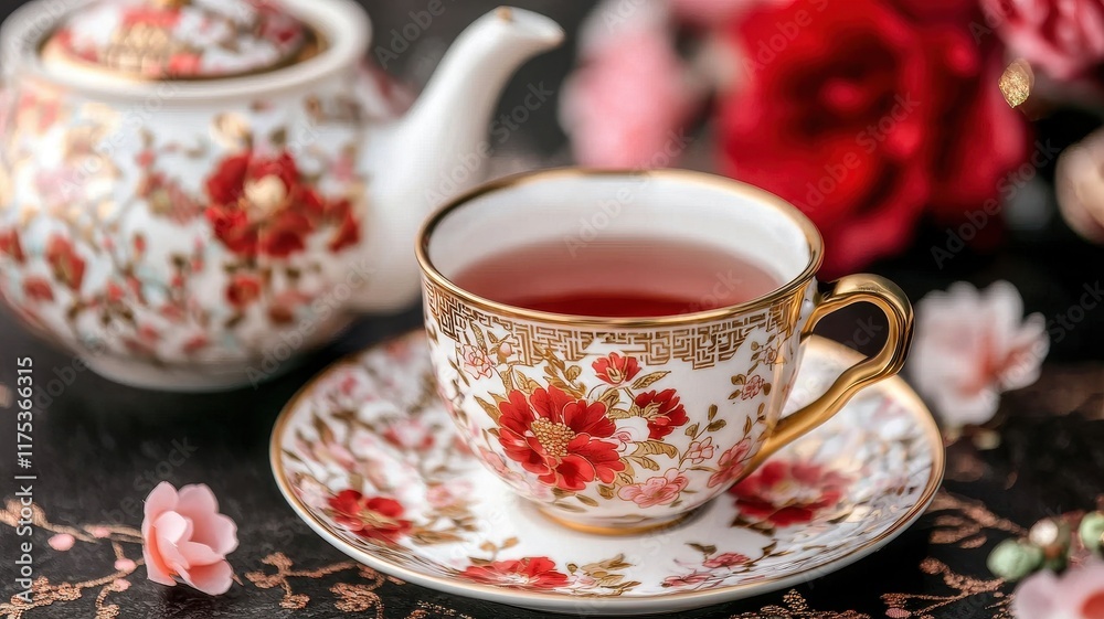 Fototapeta premium A traditional tea set on a lacquered table with red and gold decor, [New Year tradition], [elegant, cultural, cozy].