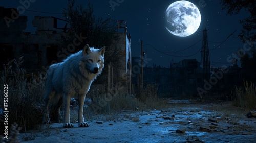 Lone Wolf Under the Full Moon in a Deserted Town